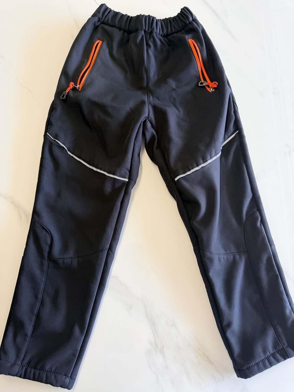 Black Fleece-Lined Soft Shell Kids Hiking or Ski Pants with Orange Zippers